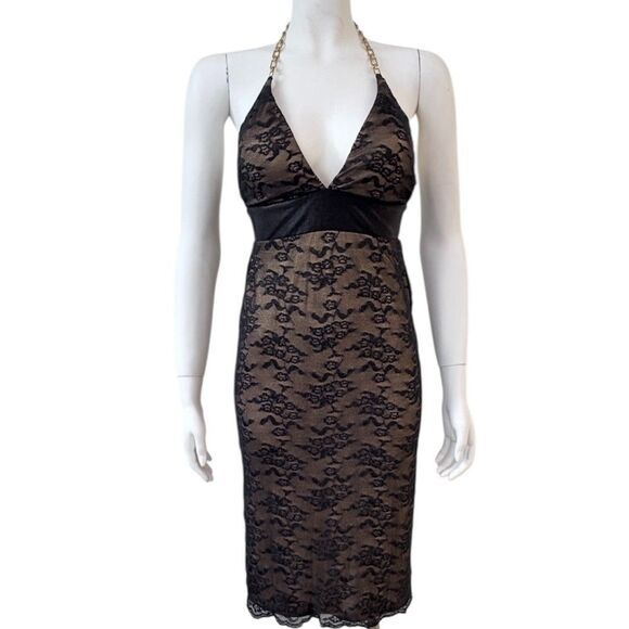 Mango Suit Black Lace Overlay Halter Dress Gold Chain Strap XS/S Bodycon Party - Picture 1 of 10